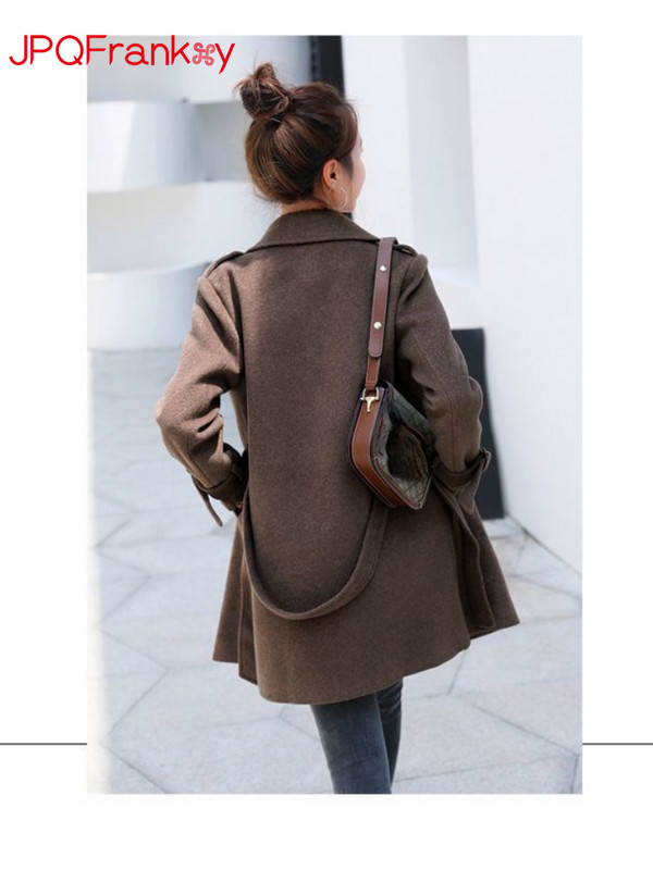 Toamnă/Iarnă 2023 Jachetă nouă de damă Palton de lână cu două piepturi, cu centură subțire cu rever, Trenci de iarnă din lână, pentru femei