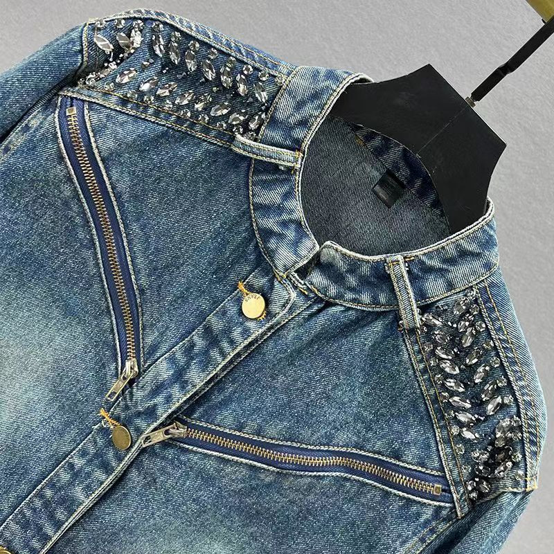 Teemantidega kaetud teksamantel naiste trend 2023 uus sügis, väike avar salendav jope top