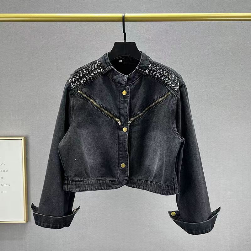 Teemantidega kaetud teksamantel naiste trend 2023 uus sügis, väike avar salendav jope top