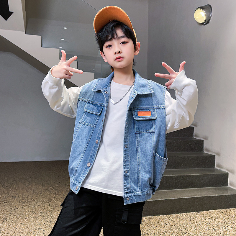 Adolescenți Băieți Vestă de blugi Îmbrăcăminte pentru copii Primăvară Toamnă Blugi ocazional Jachetă fără mâneci Îmbrăcăminte exterioară pentru adolescenți Topuri Haine pentru copii Albastru