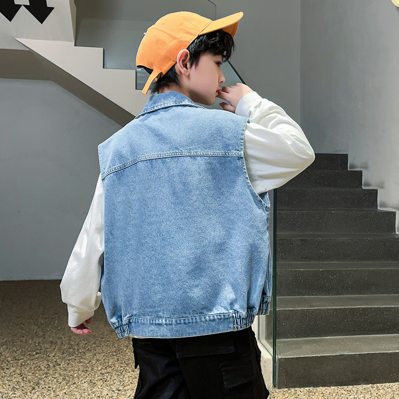 Adolescenți Băieți Vestă de blugi Îmbrăcăminte pentru copii Primăvară Toamnă Blugi ocazional Jachetă fără mâneci Îmbrăcăminte exterioară pentru adolescenți Topuri Haine pentru copii Albastru