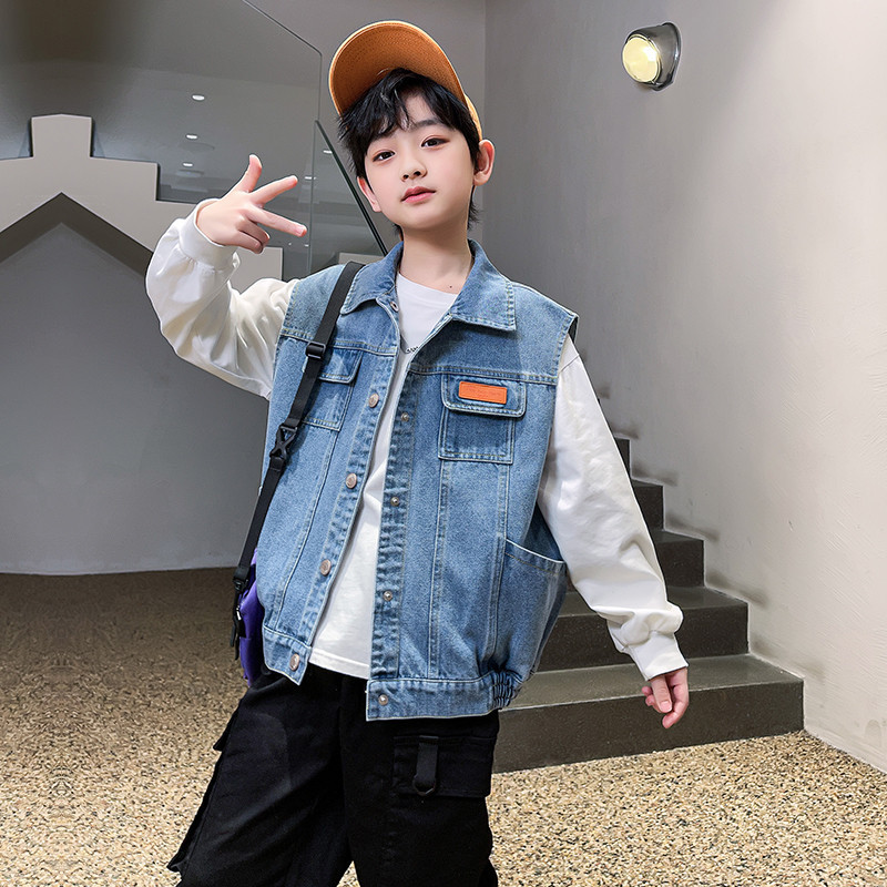 Adolescenți Băieți Vestă de blugi Îmbrăcăminte pentru copii Primăvară Toamnă Blugi ocazional Jachetă fără mâneci Îmbrăcăminte exterioară pentru adolescenți Topuri Haine pentru copii Albastru