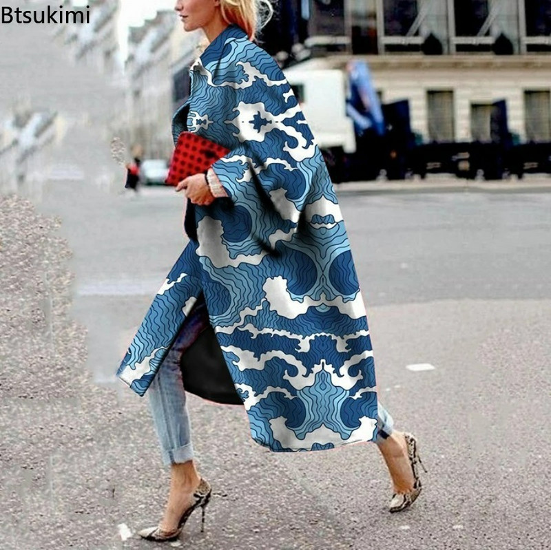 Trenci pentru femei 2023, ocazional cu rever, primăvară, toamnă, imprimeu la modă, haină lungă elegantă, jachetă pentru femei, pardesiu pentru femei