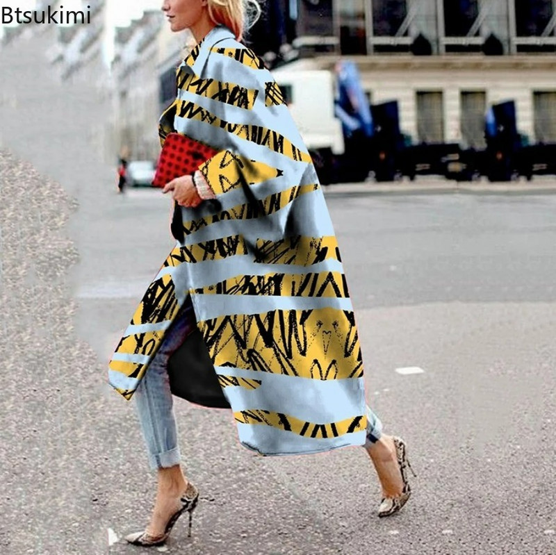 Trenci pentru femei 2023, ocazional cu rever, primăvară, toamnă, imprimeu la modă, haină lungă elegantă, jachetă pentru femei, pardesiu pentru femei