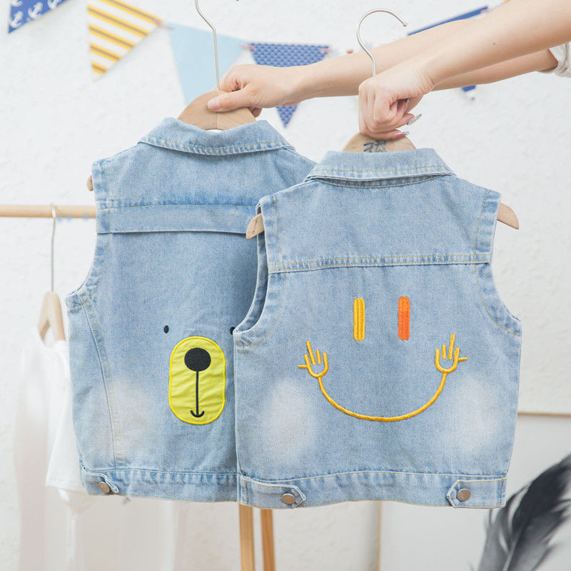 Új őszi gyerek felsőruházat kisgyermek lány mellény Rajzfilm hímzés farmer mellény gombokkal Zseb lehajtható gallérral baba fiú mellény