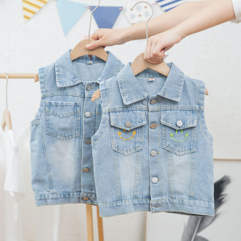 Új őszi gyerek felsőruházat kisgyermek lány mellény Rajzfilm hímzés farmer mellény gombokkal Zseb lehajtható gallérral baba fiú mellény