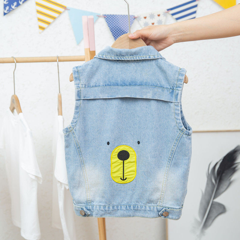 Új őszi gyerek felsőruházat kisgyermek lány mellény Rajzfilm hímzés farmer mellény gombokkal Zseb lehajtható gallérral baba fiú mellény