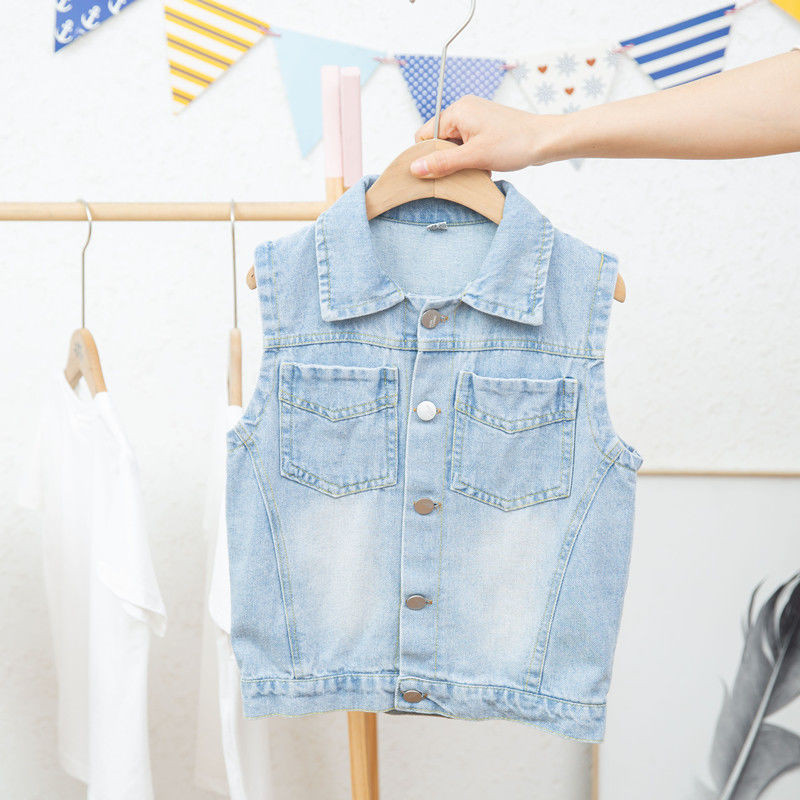 Új őszi gyerek felsőruházat kisgyermek lány mellény Rajzfilm hímzés farmer mellény gombokkal Zseb lehajtható gallérral baba fiú mellény