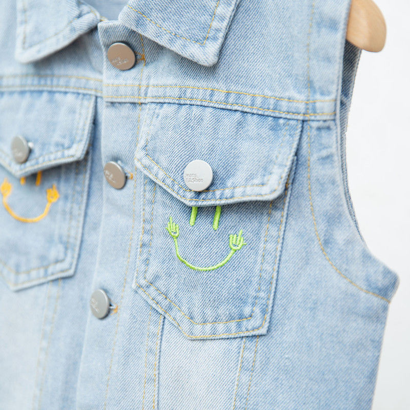 Új őszi gyerek felsőruházat kisgyermek lány mellény Rajzfilm hímzés farmer mellény gombokkal Zseb lehajtható gallérral baba fiú mellény
