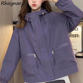 Jachete cu glugă în stil safari pentru femei, unisex, Y2k, timp liber, american retro, cu fermoar, primăvară, toamnă, îmbrăcăminte exterioară pentru femei, versatilă, largi