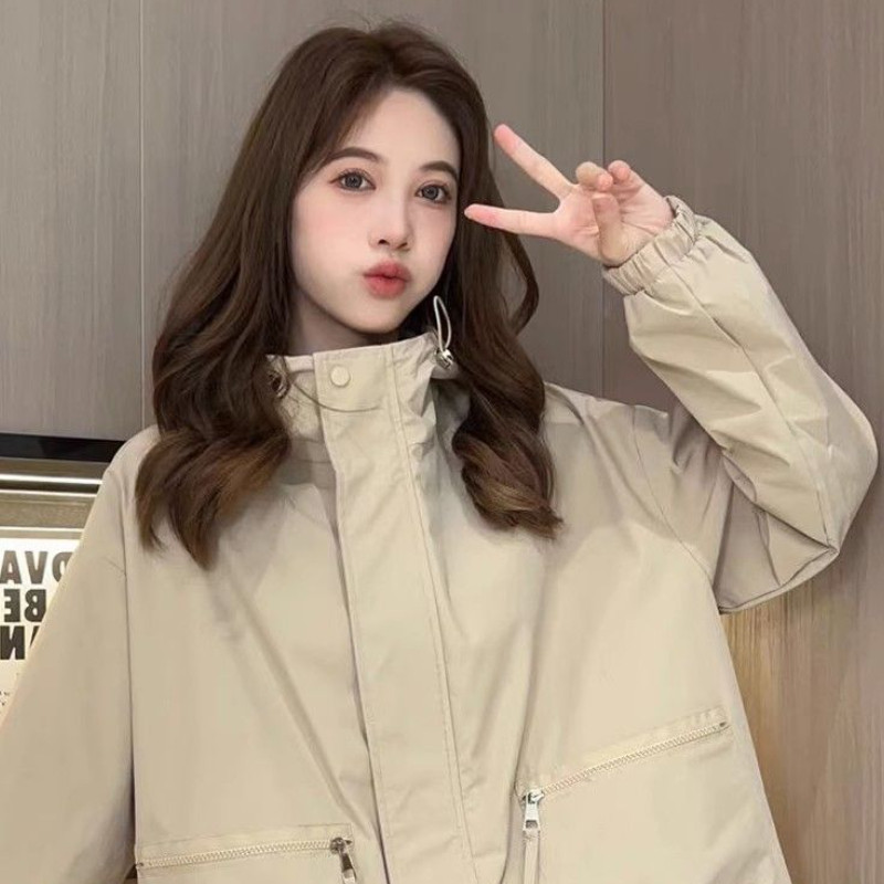 Jachete cu glugă în stil safari pentru femei, unisex, Y2k, timp liber, american retro, cu fermoar, primăvară, toamnă, îmbrăcăminte exterioară pentru femei, versatilă, largi