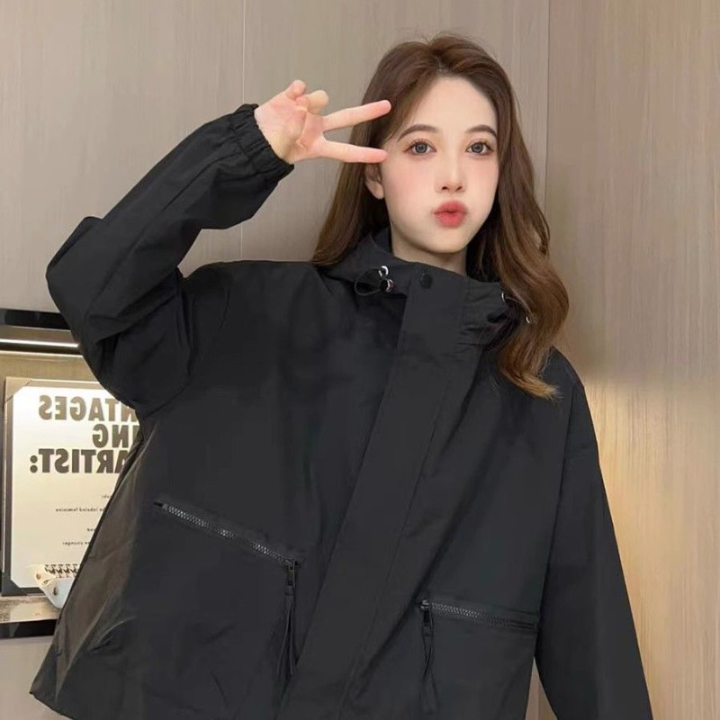 Jachete cu glugă în stil safari pentru femei, unisex, Y2k, timp liber, american retro, cu fermoar, primăvară, toamnă, îmbrăcăminte exterioară pentru femei, versatilă, largi