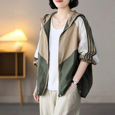 Ljetna vjetrovka s kapuljačom Ženske ležerne jakne Tanke duge rukave, šik ulična odjeća, kaput, patentni zatvarač, gornja odjeća u kontrastnoj boji