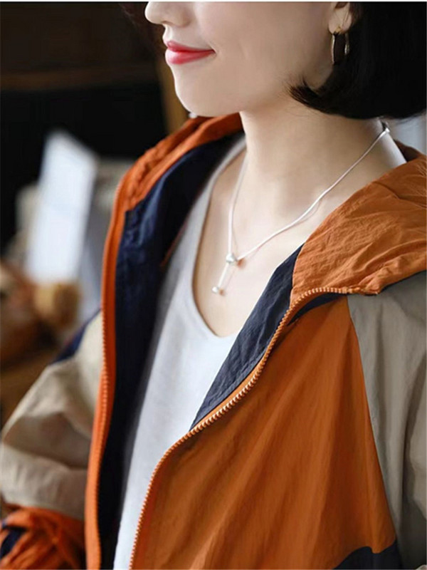 Ljetna vjetrovka s kapuljačom Ženske ležerne jakne Tanke duge rukave, šik ulična odjeća, kaput, patentni zatvarač, gornja odjeća u kontrastnoj boji