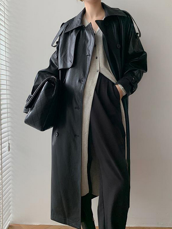 Kožna duga jakna, ženska jakna, jesen, zima 2023. Preveliki, rever, dugi rukavi, ulični ženski kaput s remenom, široki PU kaputi s dvostrukim kopčanjem