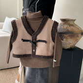 Meiteņu rudens un ziemas kažokādas integrēta veste 2023 Korejiešu meiteņu ārzemju stila jēra kažokādas biezināta plecu veste