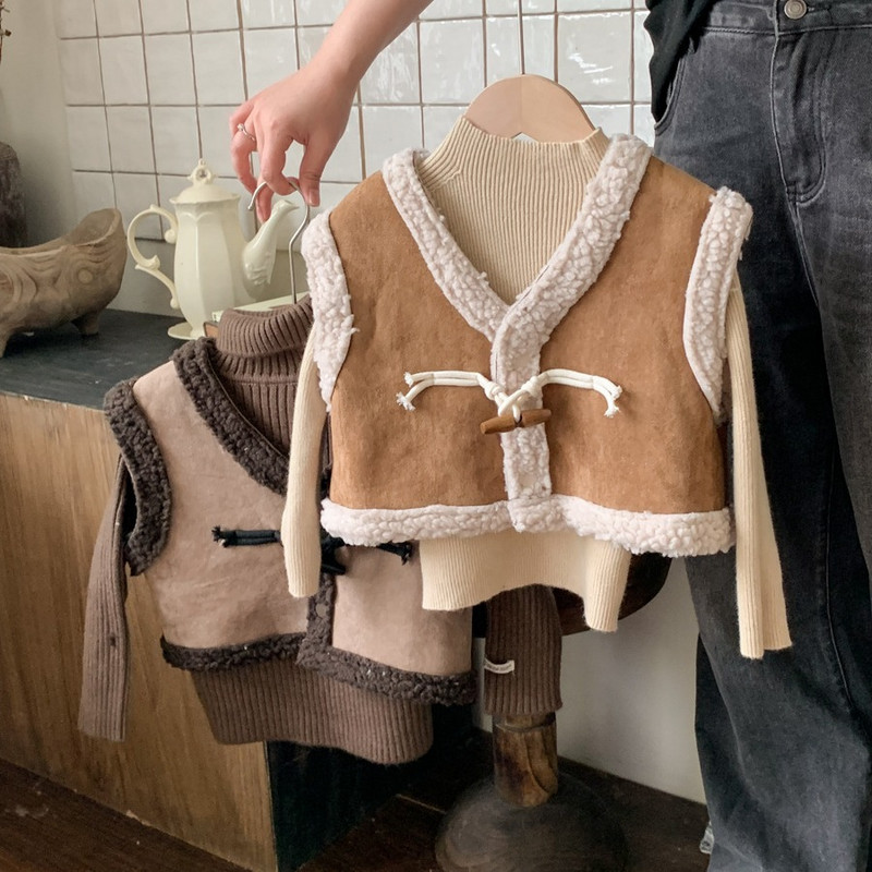 Meiteņu rudens un ziemas kažokādas integrēta veste 2023 Korejiešu meiteņu ārzemju stila jēra kažokādas biezināta plecu veste