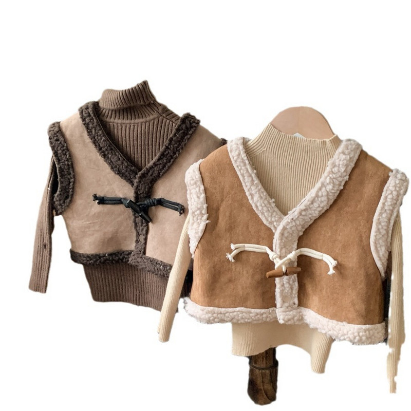 Meiteņu rudens un ziemas kažokādas integrēta veste 2023 Korejiešu meiteņu ārzemju stila jēra kažokādas biezināta plecu veste