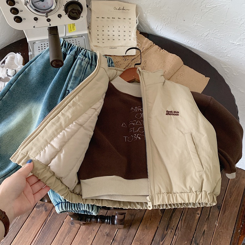 Prsluk Kaput Zimska Dječja Odjeća Košulja s patentnim zatvaračem Osobnost za dječake Svestrana pamučna odjeća Zadebljanje Uprljani vez