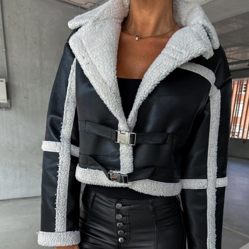 Kratki kaput od imitacije janjećeg flisa Ženske zimske tople jakne od spojene kože Ženska gornja odjeća dugih rukava Vrhunska modna ulična odjeća
