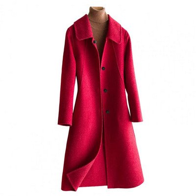 Cardigan din lână imitație anti-decolorare simplă, rever, iarnă, de lungime medie, imitație de culoare pură, haină de lână, rezistentă la frig