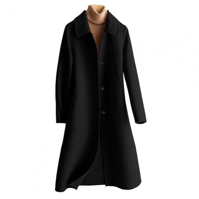 Cardigan din lână imitație anti-decolorare simplă, rever, iarnă, de lungime medie, imitație de culoare pură, haină de lână, rezistentă la frig