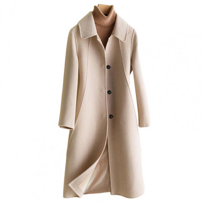 Cardigan din lână imitație anti-decolorare simplă, rever, iarnă, de lungime medie, imitație de culoare pură, haină de lână, rezistentă la frig