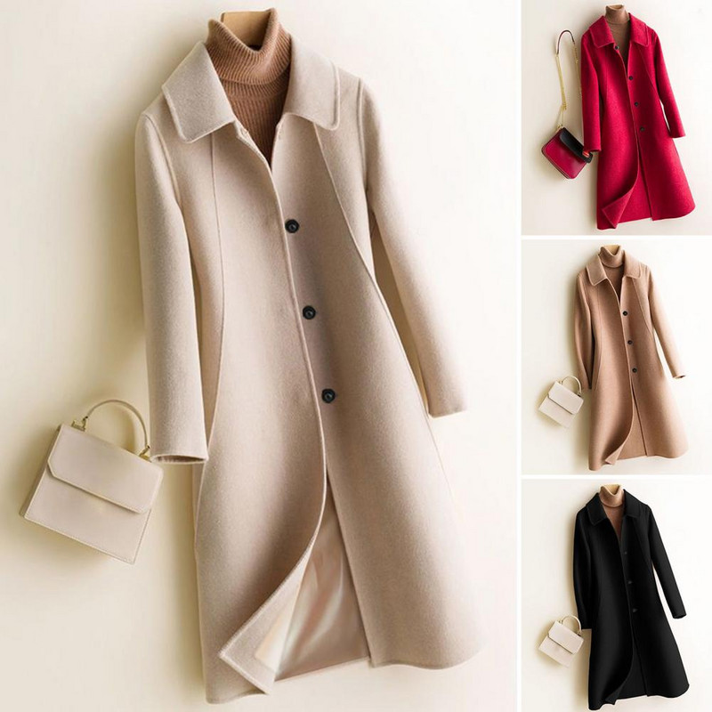 Cardigan din lână imitație anti-decolorare simplă, rever, iarnă, de lungime medie, imitație de culoare pură, haină de lână, rezistentă la frig