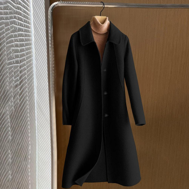 Cardigan din lână imitație anti-decolorare simplă, rever, iarnă, de lungime medie, imitație de culoare pură, haină de lână, rezistentă la frig