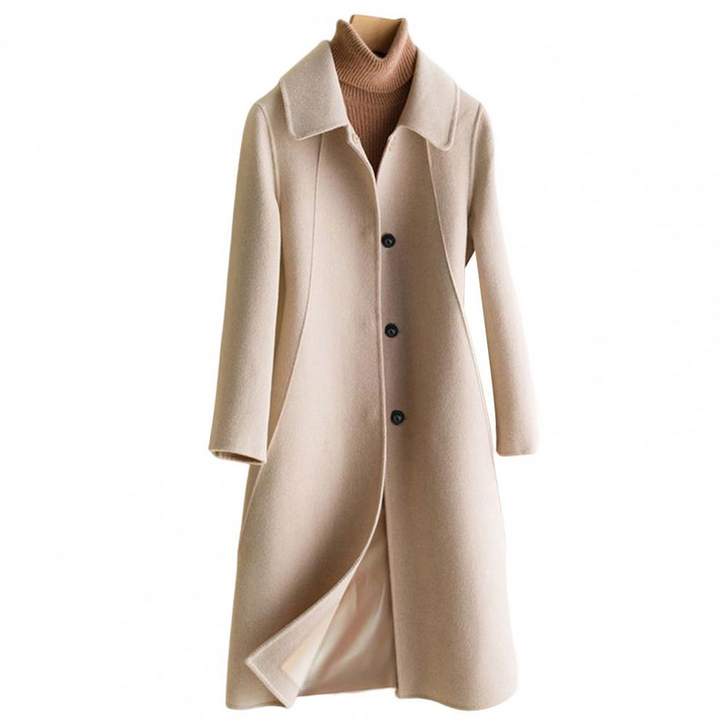 Cardigan din lână imitație anti-decolorare simplă, rever, iarnă, de lungime medie, imitație de culoare pură, haină de lână, rezistentă la frig