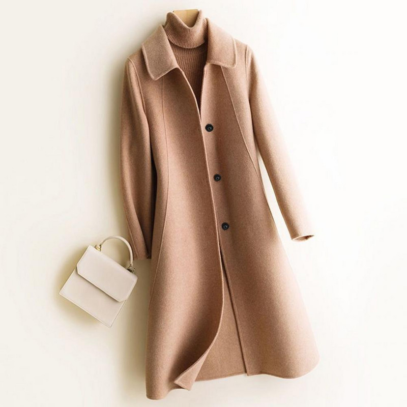 Cardigan din lână imitație anti-decolorare simplă, rever, iarnă, de lungime medie, imitație de culoare pură, haină de lână, rezistentă la frig