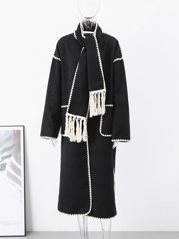 Modni široki vuneni dugi kaput sa šalom Ženska elegantna debela maksi jakna dugih rukava Ženska topla zimska jakna 2023.