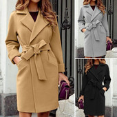 Palton din lână de primăvară Scăpărător de vânt Palton lung retro, culoare solidă, modă, calduroasă, regina, subțire, cu centură, haine și jachete de iarnă pentru femei