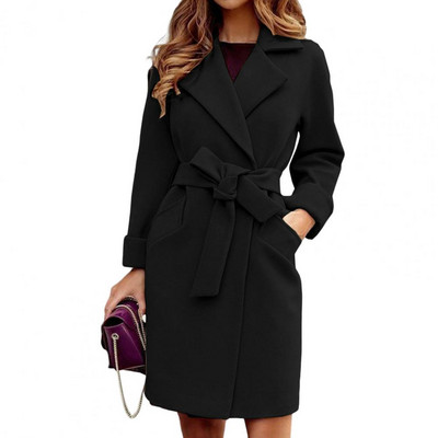 Palton din lână de primăvară Scăpărător de vânt Palton lung retro, culoare solidă, modă, calduroasă, regina, subțire, cu centură, haine și jachete de iarnă pentru femei