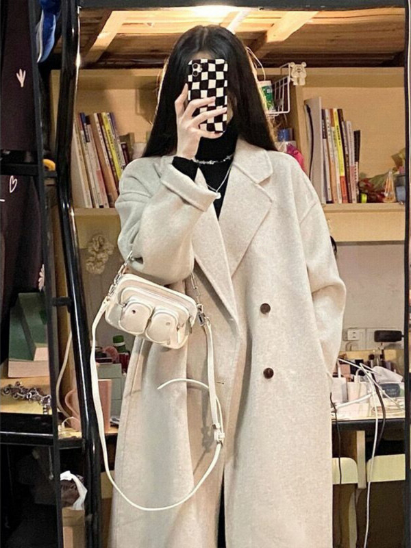 Rudens žiema, 2023 m. Naujas korėjietiškas moteriškas, vidutinio ilgio, Hepburn stiliaus moteriškas paltas Elegantiškas atmosferos vilnos paltas moterims