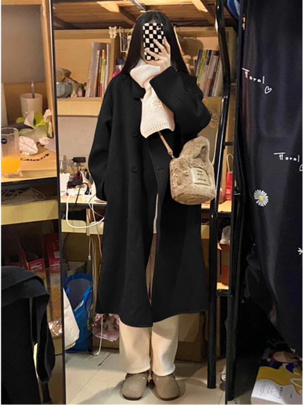 Rudens žiema, 2023 m. Naujas korėjietiškas moteriškas, vidutinio ilgio, Hepburn stiliaus moteriškas paltas Elegantiškas atmosferos vilnos paltas moterims