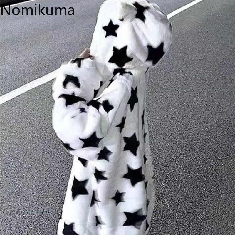 Jachetă de modă pentru femei, cu imprimeu cu stele, groasă, cu glugă, îmbrăcăminte supradimensionată, 2023, Ropa Mujer Streetwear, haină Harajuku, Topuri japoneze Y2k
