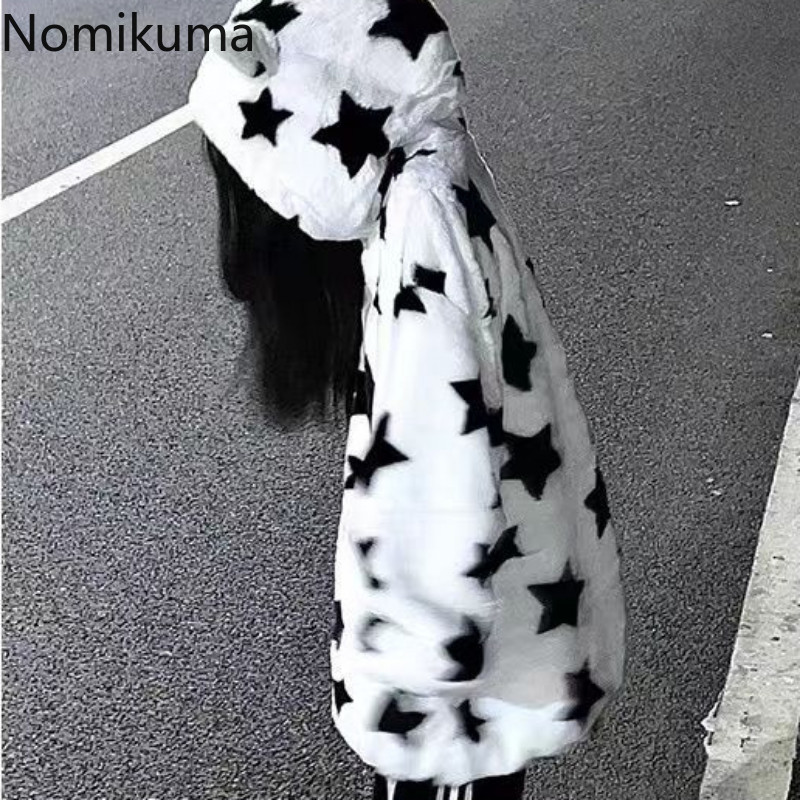 Jachetă de modă pentru femei, cu imprimeu cu stele, groasă, cu glugă, îmbrăcăminte supradimensionată, 2023, Ropa Mujer Streetwear, haină Harajuku, Topuri japoneze Y2k