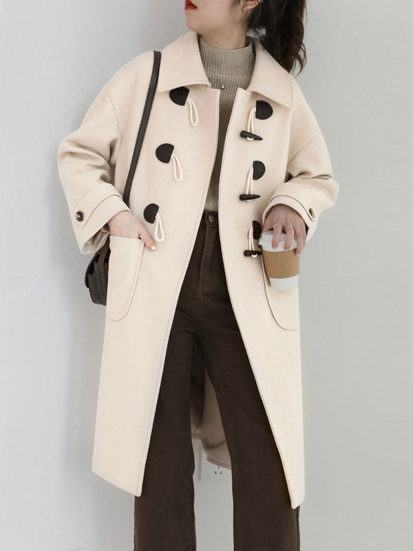 Vintage kruasāna tvīda mētelis sievietēm, vidēja garuma jauns, biezinātas vilnas mētelis 2023. gada rudens un ziemas sieviešu mēteļi ziemai