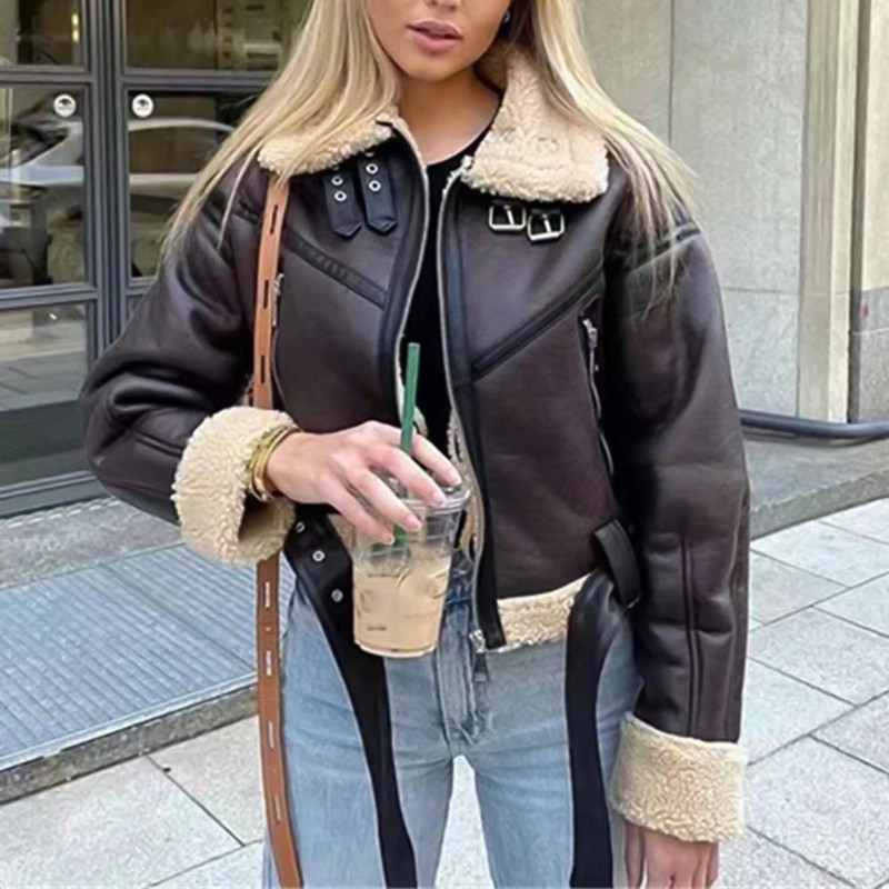 Zimski kaputi Ženska debela umjetna koža Krzno Ovčja koža Ženska krznena Kožna jakna Avijatičarska gornja odjeća