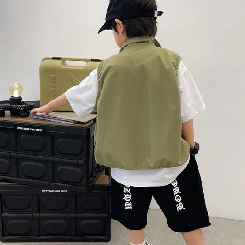 2023. gada zēnu veste 4–14 g. bērnu veste, kokvilnas jaka ar kabatām bez piedurknēm vestes, mētelis, apģērbi, pavasara apģērbi pusaudžiem