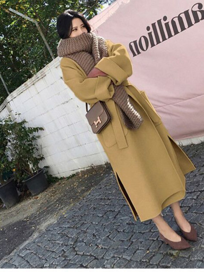 Palton pentru femei din tweed cu legături largi peste Jachete în stil midi Palton de iarnă pentru femei Jachete Trenciuri Îmbrăcăminte coreeană pentru femei