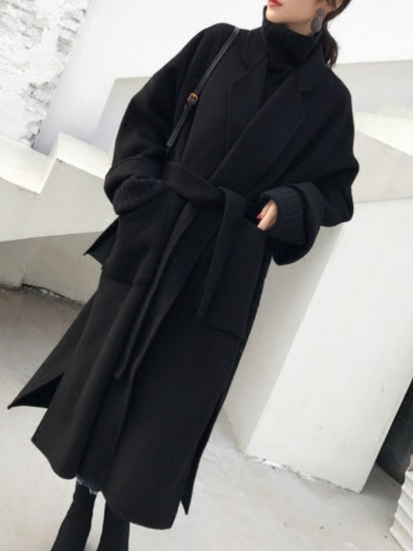 Palton pentru femei din tweed cu legături largi peste Jachete în stil midi Palton de iarnă pentru femei Jachete Trenciuri Îmbrăcăminte coreeană pentru femei