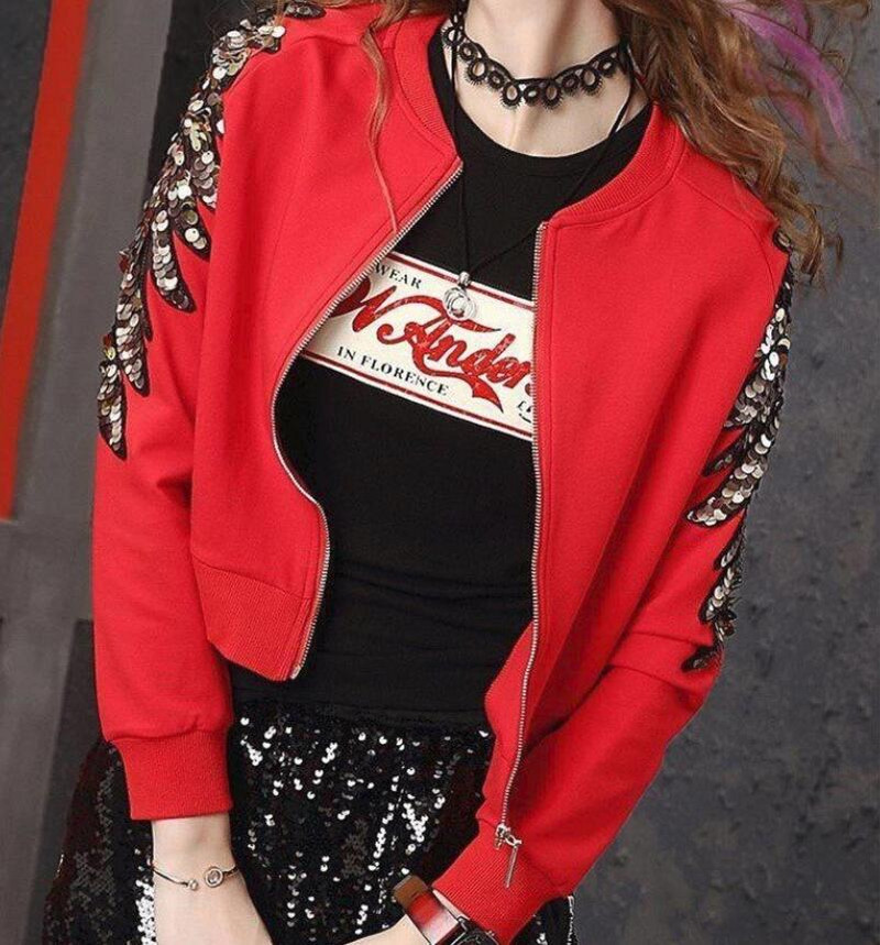Ženske crvene kratke jakne 2022. Proljetna moda, elastične tanke šljokice, majice s perlama Ženski kaput s plimom, ulična odjeća, ženski kaputi, gornja odjeća