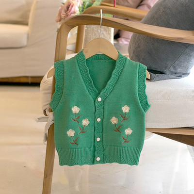 Jesenski dječji prsluk Proljetni prsluk bez rukava s V-izrezom i cvjetnim vezom 6M-5Y Dječji pleteni topli modni ležerni kardigan gornji dijelovi