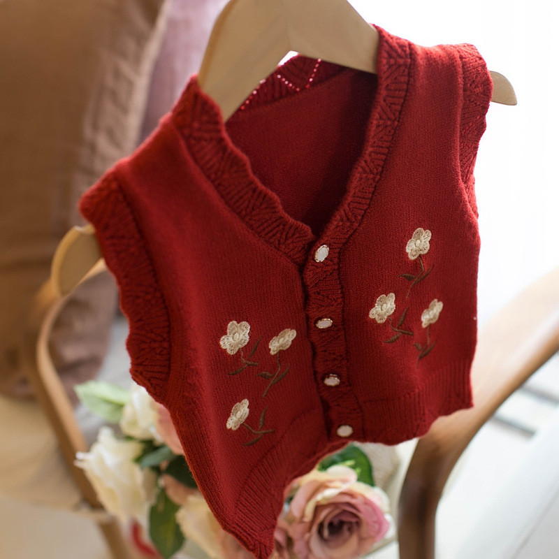 Jesenski dječji prsluk Proljetni prsluk bez rukava s V-izrezom i cvjetnim vezom 6M-5Y Dječji pleteni topli modni ležerni kardigan gornji dijelovi
