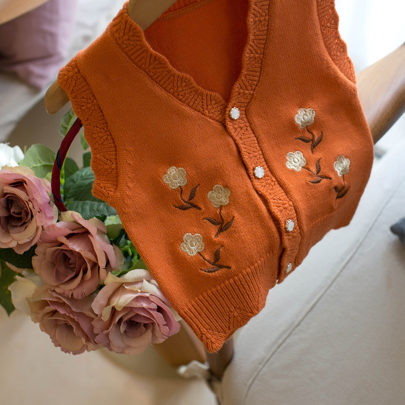 Jesenski dječji prsluk Proljetni prsluk bez rukava s V-izrezom i cvjetnim vezom 6M-5Y Dječji pleteni topli modni ležerni kardigan gornji dijelovi