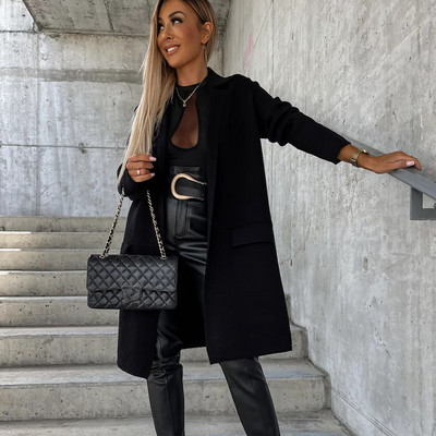 Ženski kaput od umjetne vune za jesen 2023. Jednobojni midi kaputi dugih rukava s džepnim ovratnikom Ženska elegantna odjeća za uredske dame