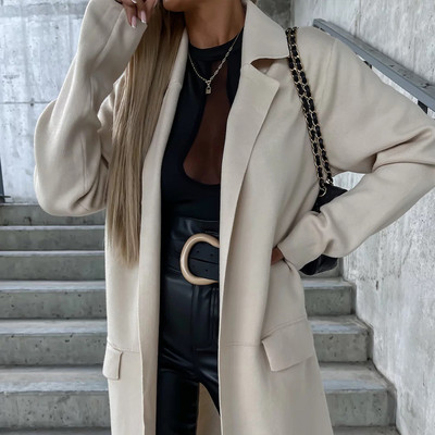 Ženski kaput od umjetne vune za jesen 2023. Jednobojni midi kaputi dugih rukava s džepnim ovratnikom Ženska elegantna odjeća za uredske dame