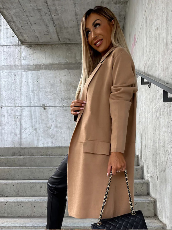 Ženski kaput od umjetne vune za jesen 2023. Jednobojni midi kaputi dugih rukava s džepnim ovratnikom Ženska elegantna odjeća za uredske dame